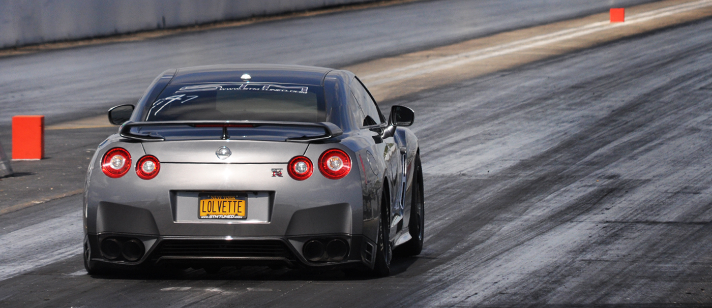 2019 Gun Metallic R35 GTR at the drag strip