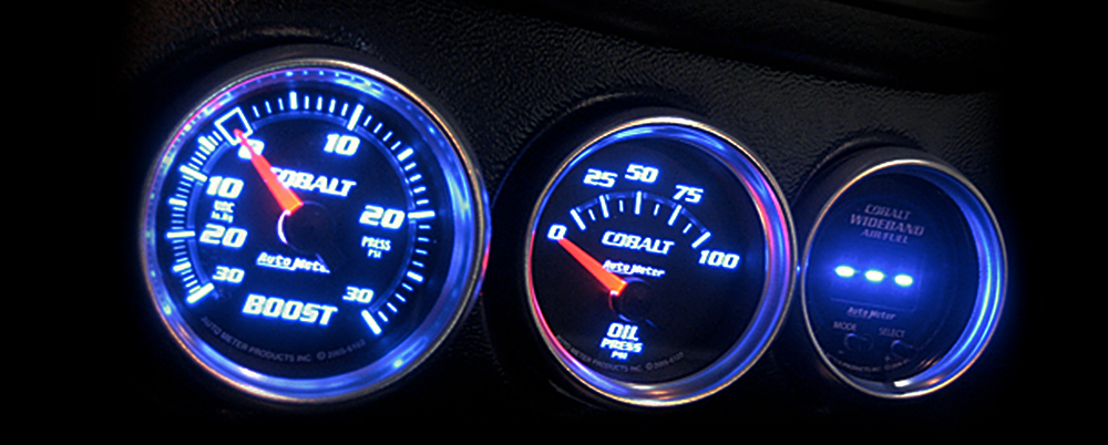 Auto Meter Cobalt blue gauges lit at night