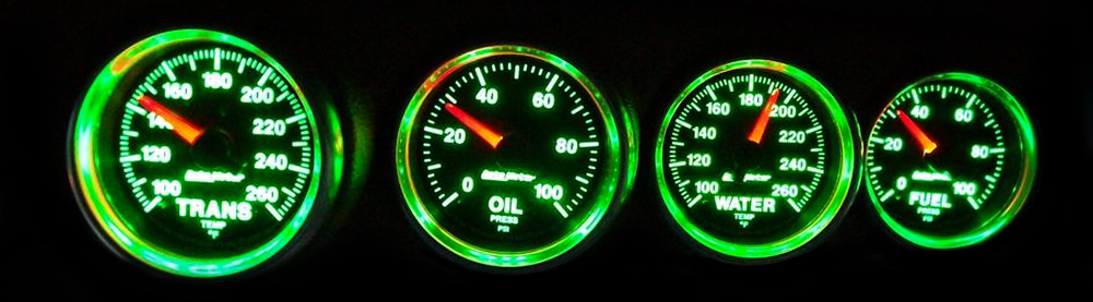 Auto Meter GS green gauges lit at night